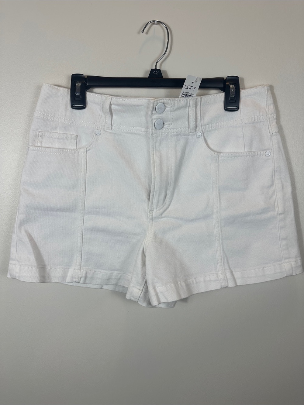 LOFT Rivete Double Shank High Rise Denim Shorts In White